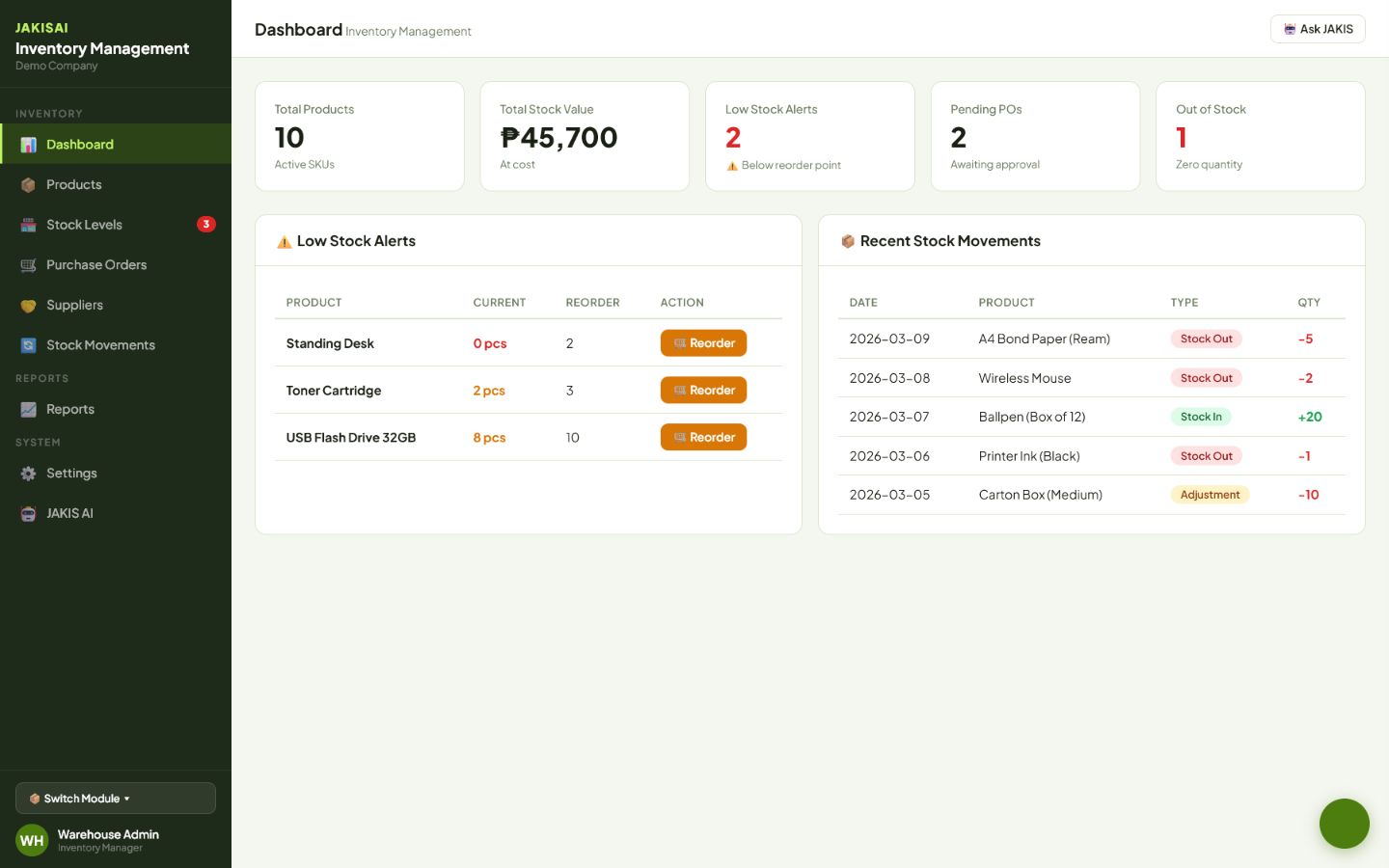 JakisAI inventory interactive demo showing sample stock alerts